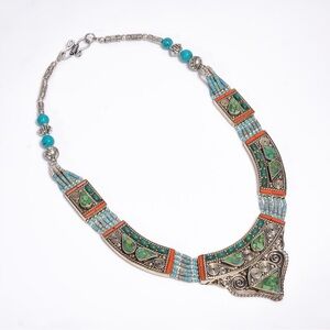 Tibetan Silver Necklace Coral Turquoise Gemstone Fashion Necklace